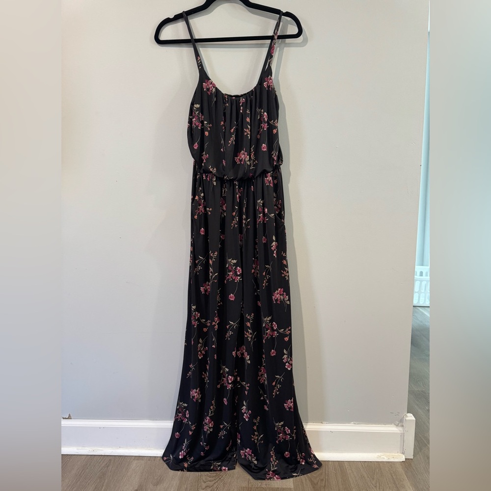 NWT Kaileigh Black Wide Leg Jumpsuit with Pink Floral Design Size Small
